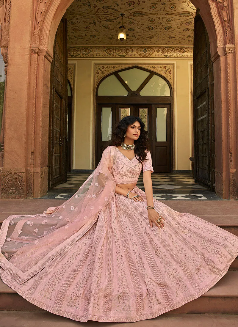 Pale Pink Multi Embroidered Wedding Lehenga Choli
