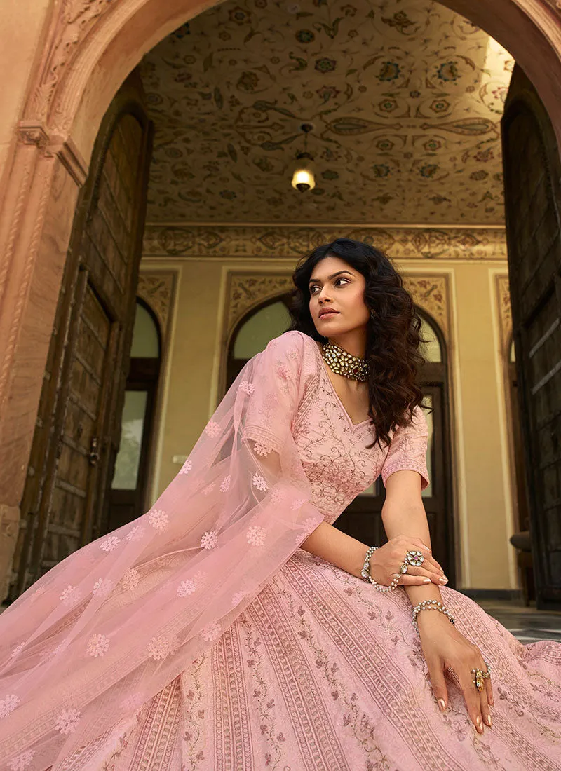 Pale Pink Multi Embroidered Wedding Lehenga Choli