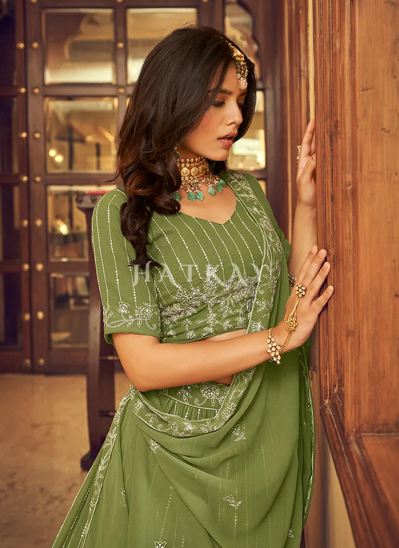 Pastel Green Zari And Sequence Georgette Embroidered Lehenga Choli