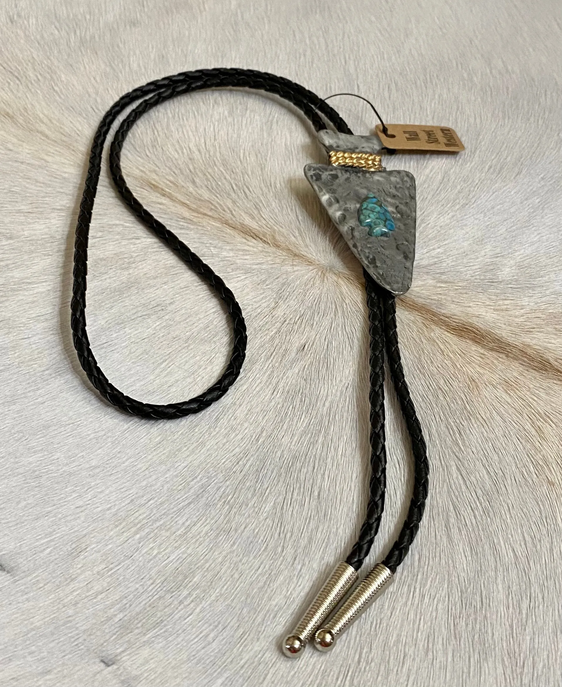 Patina Hammered Arrowhead with Turquoise Bolo Tie Statement Piece