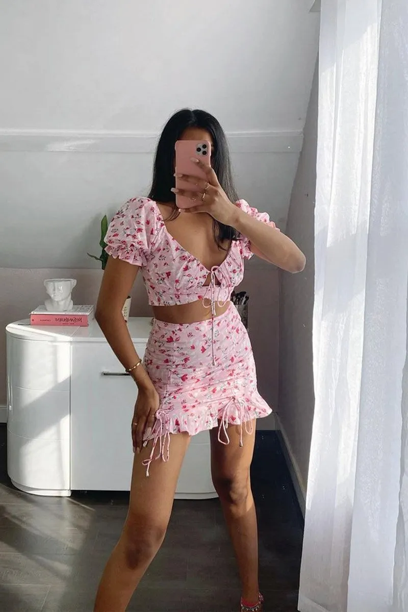 Pink Floral Print Crop Top   Frill Skirt Set - Abryana
