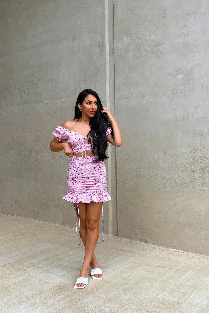 Pink Floral Print Crop Top   Frill Skirt Set - Abryana