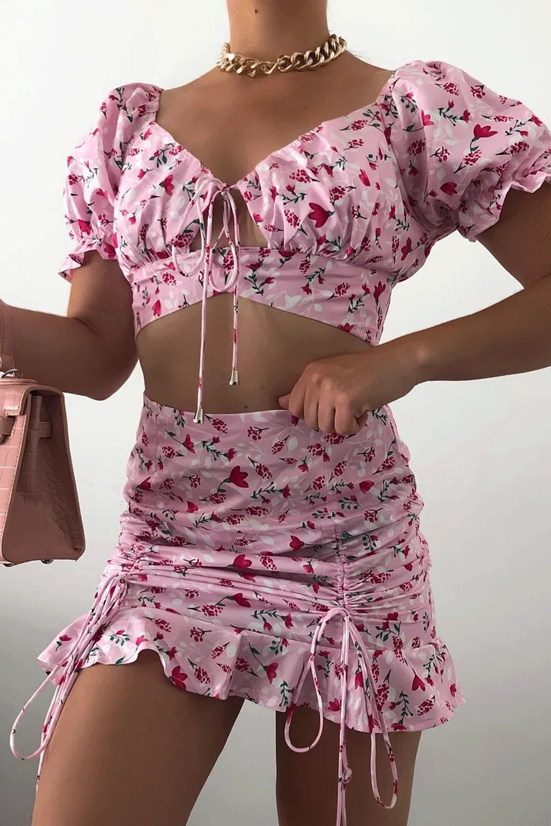 Pink Floral Print Crop Top   Frill Skirt Set - Abryana