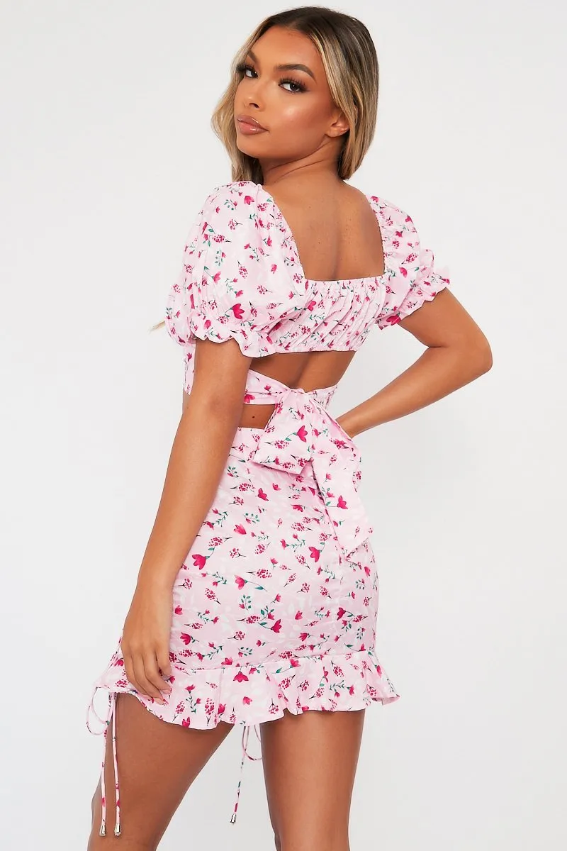 Pink Floral Print Crop Top   Frill Skirt Set - Abryana