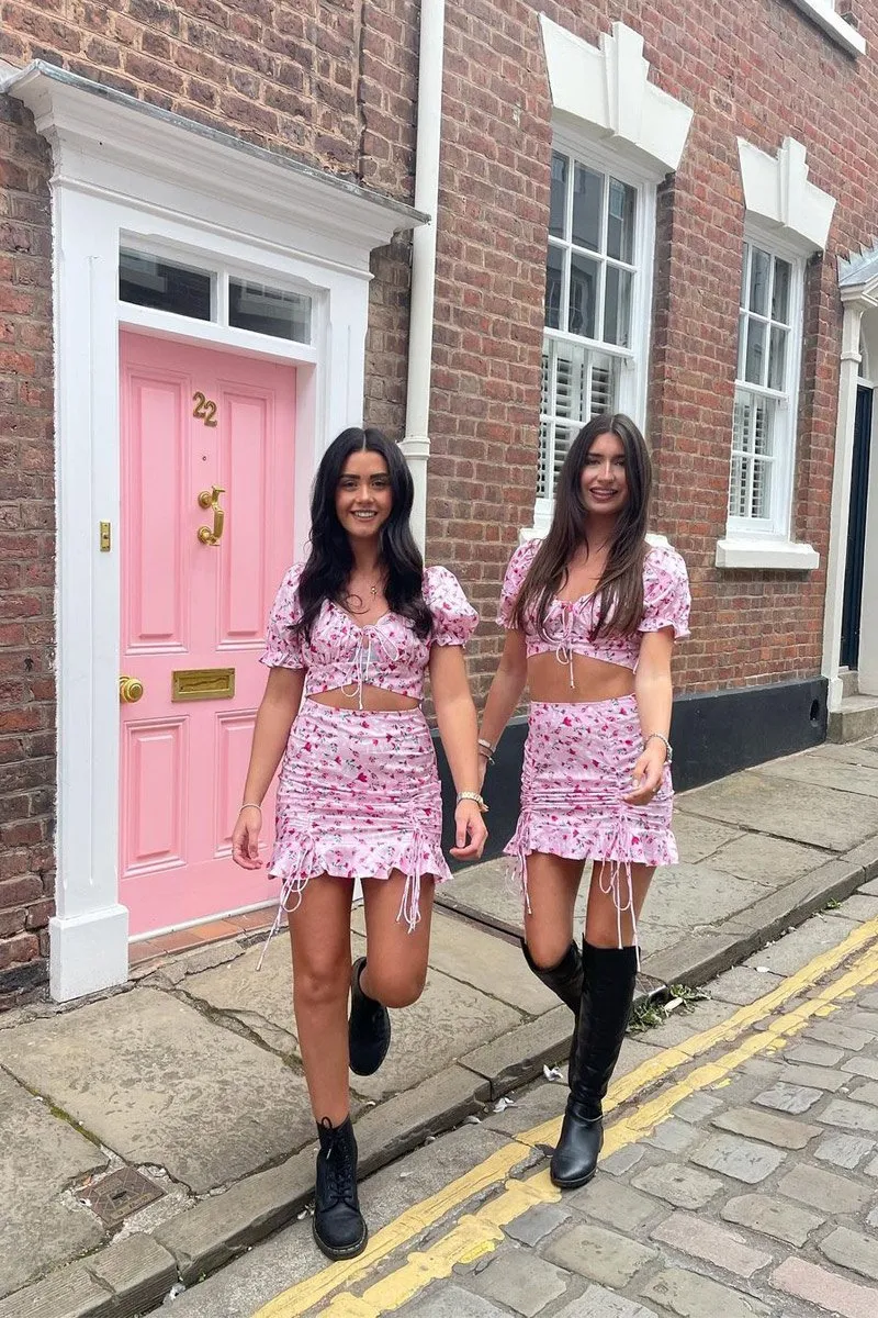 Pink Floral Print Crop Top   Frill Skirt Set - Abryana