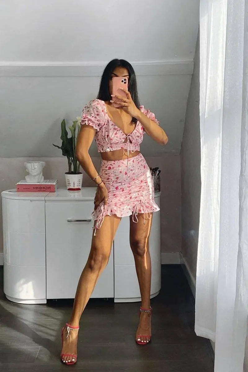 Pink Floral Print Crop Top   Frill Skirt Set - Abryana