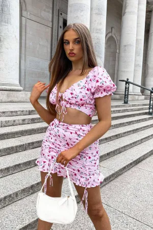 Pink Floral Print Crop Top   Frill Skirt Set - Abryana