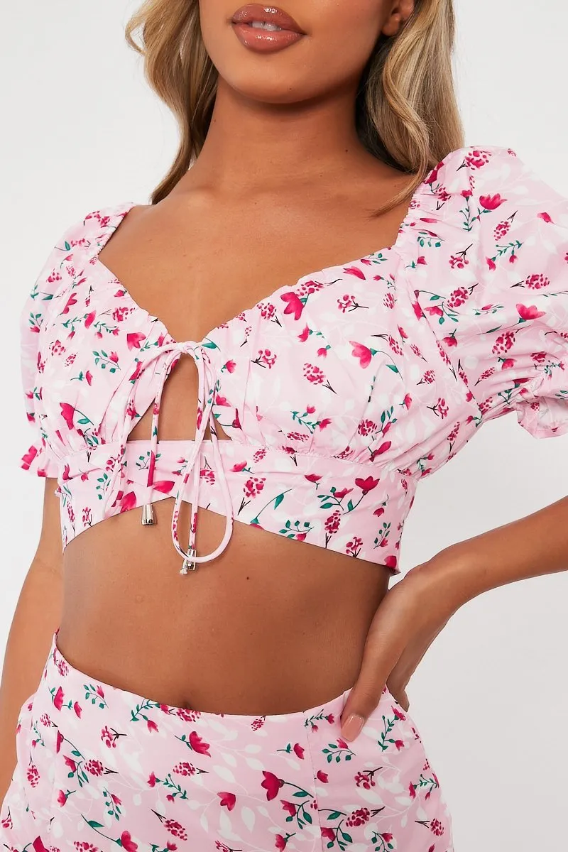 Pink Floral Print Crop Top   Frill Skirt Set - Abryana