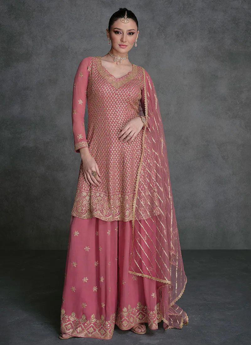Pink Golden Sequence Embroidery Designer Sharara Suit