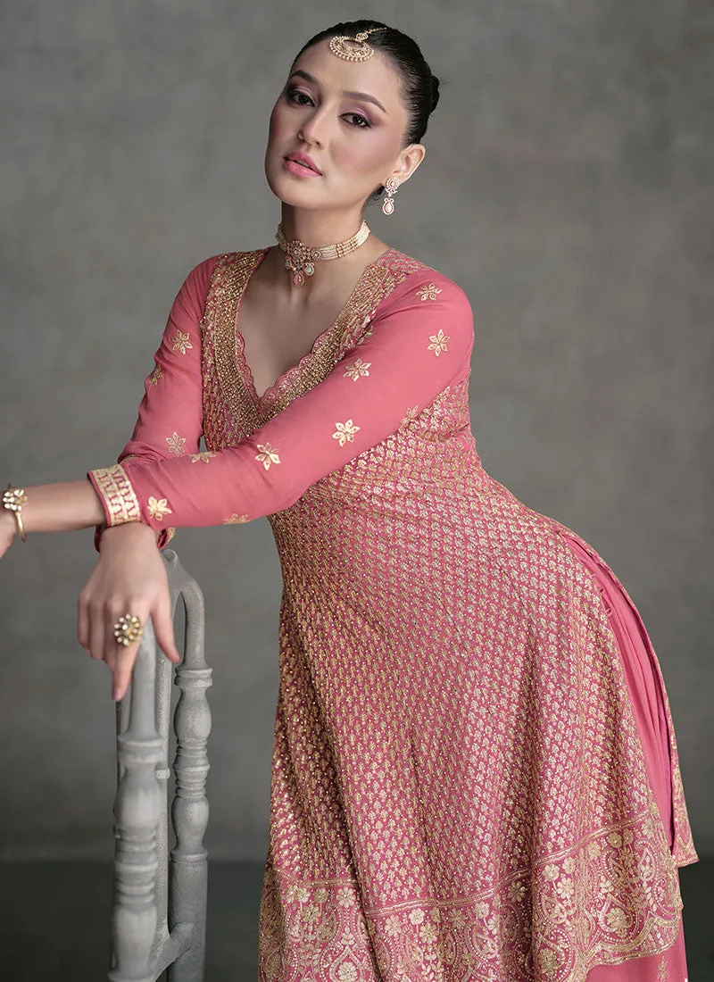 Pink Golden Sequence Embroidery Designer Sharara Suit