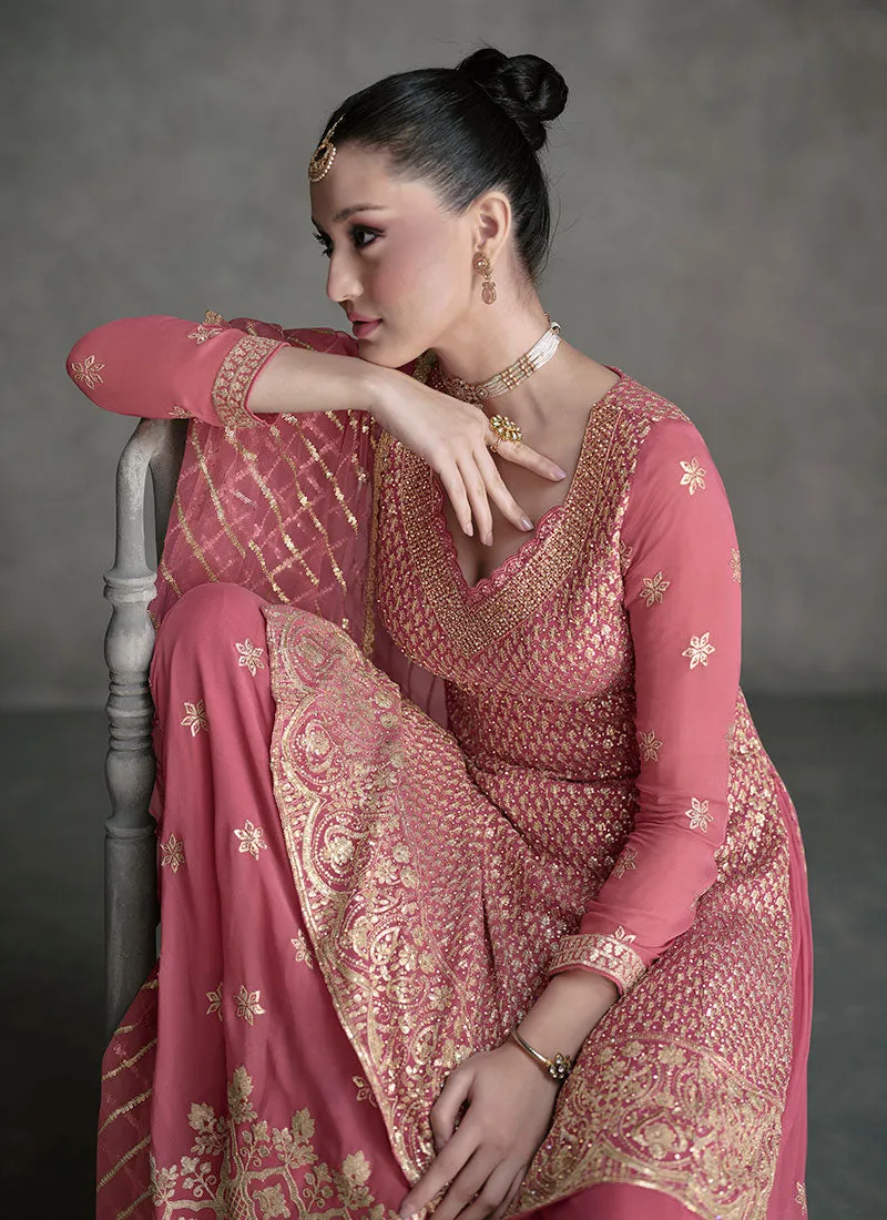 Pink Golden Sequence Embroidery Designer Sharara Suit