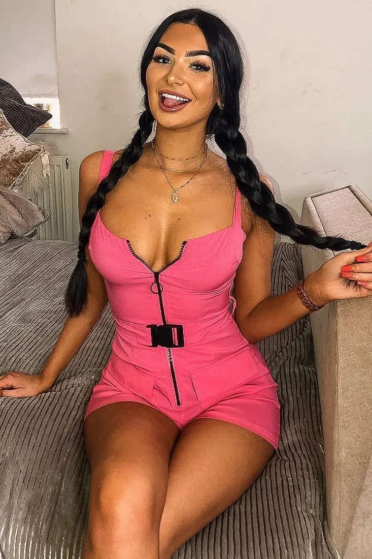 Pink Plunge Belted Waist Sleeveless Playsuit - Kerstyn