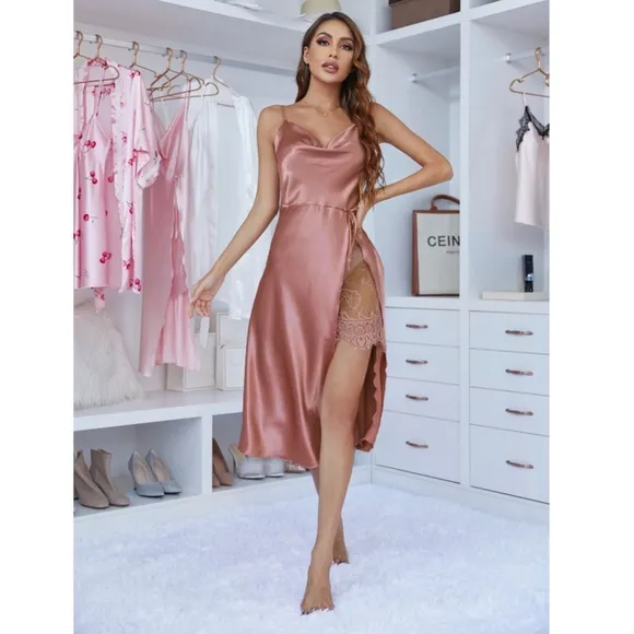 Pink Satin Lace Detail High Slit Night Slip
