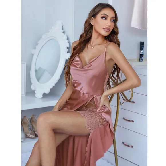 Pink Satin Lace Detail High Slit Night Slip