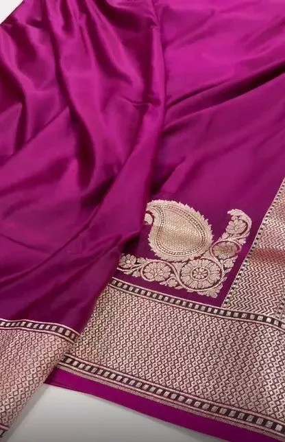 Pure Mashru Silver Zari Satin Silk Dark Magenta Saree