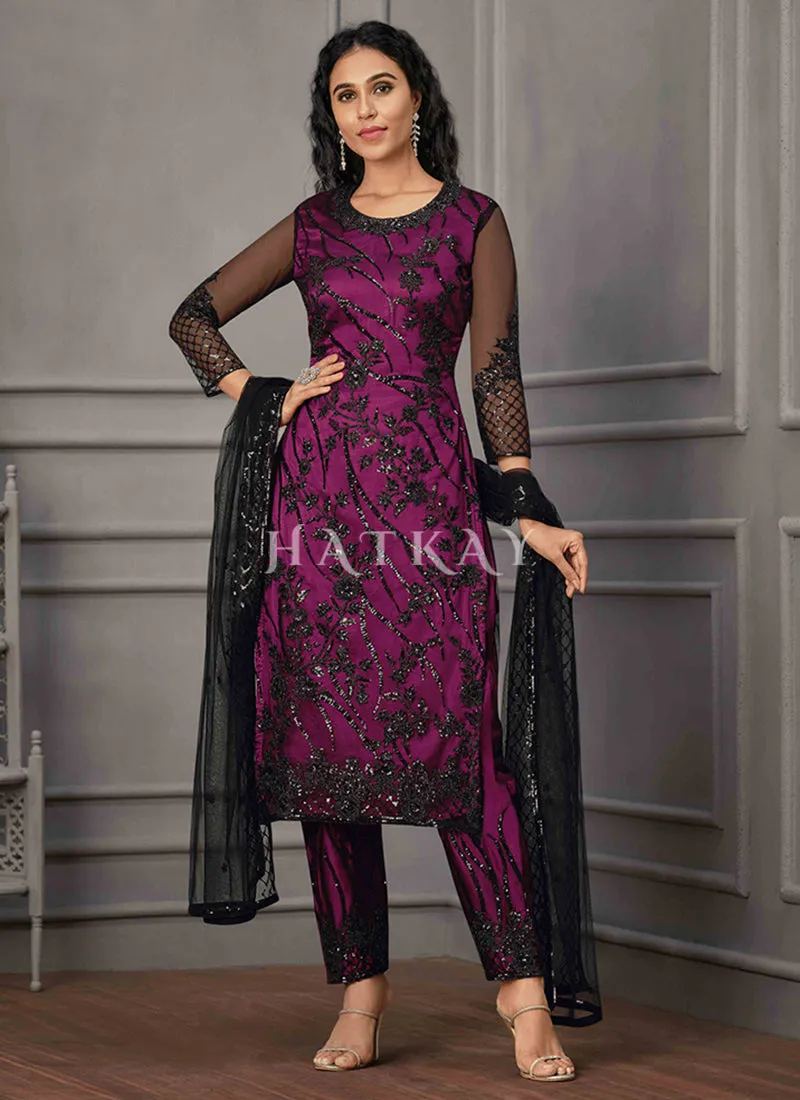 Purple And Black Embroidered Pant Suit