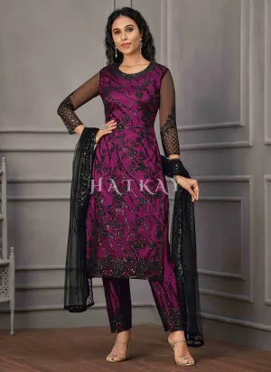 Purple And Black Embroidered Pant Suit