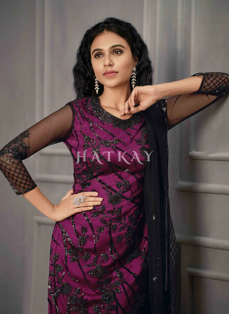 Purple And Black Embroidered Pant Suit