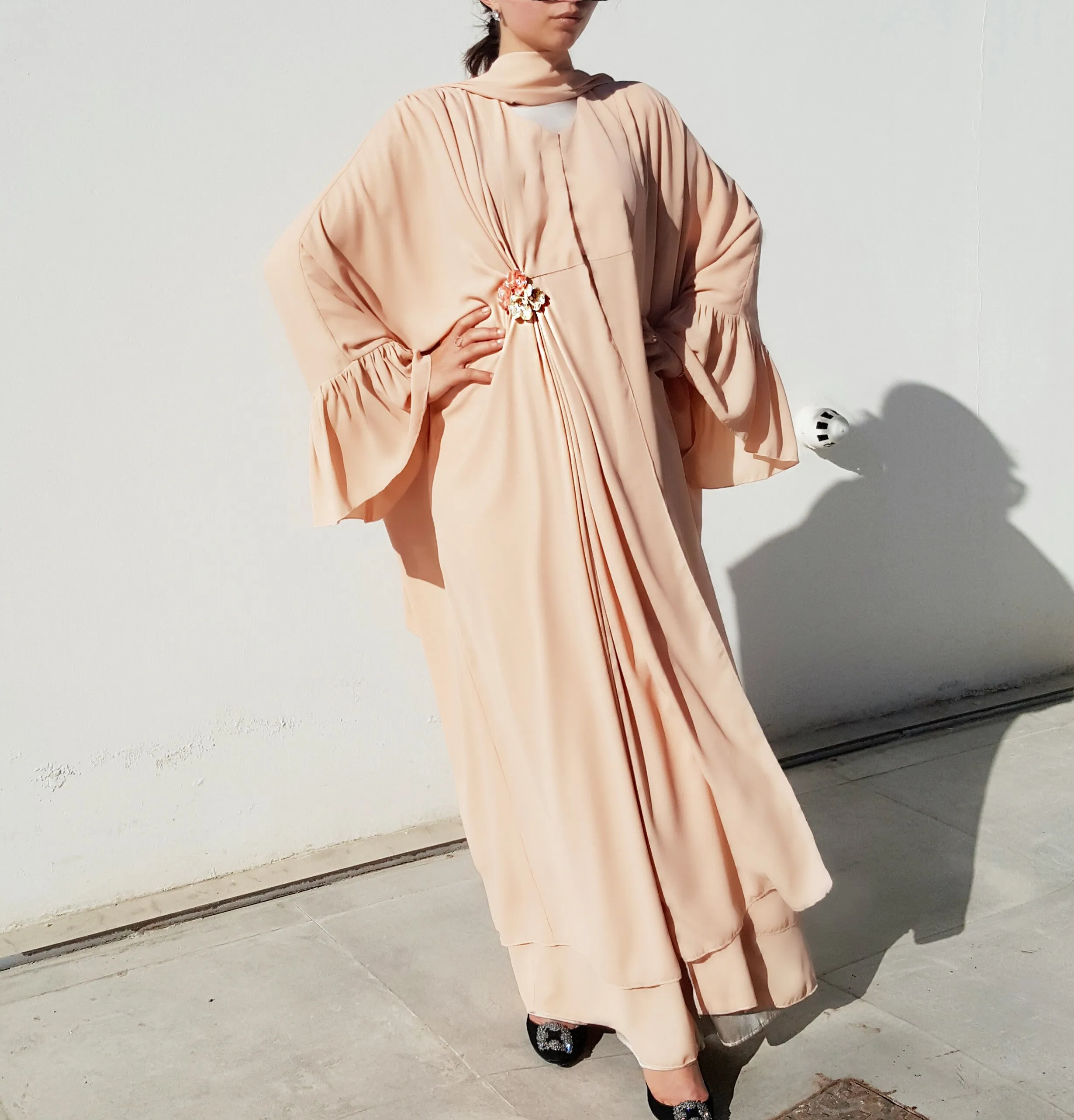 Ramadan 17 Nude Crepe Georgette one sided Drape kaftan Abaya