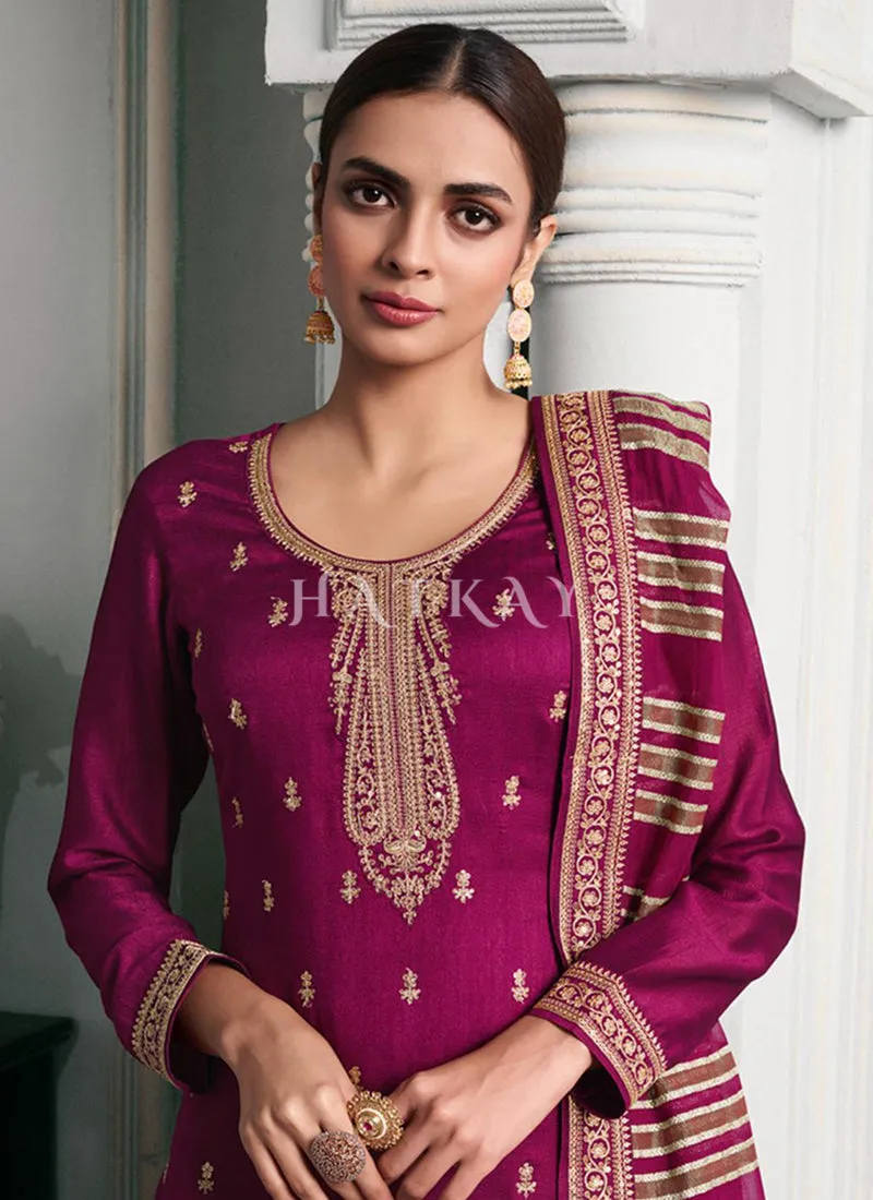 Rani Pink Embroidered Palazzo Style Suit