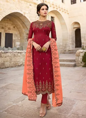 Red And Peach Traditional Pants Suit