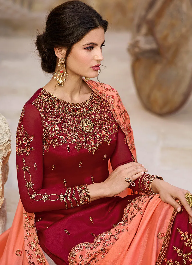 Red And Peach Traditional Pants Suit
