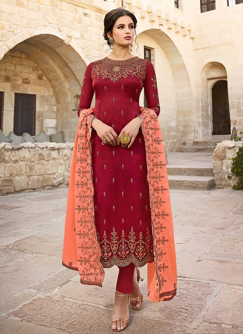 Red And Peach Traditional Pants Suit