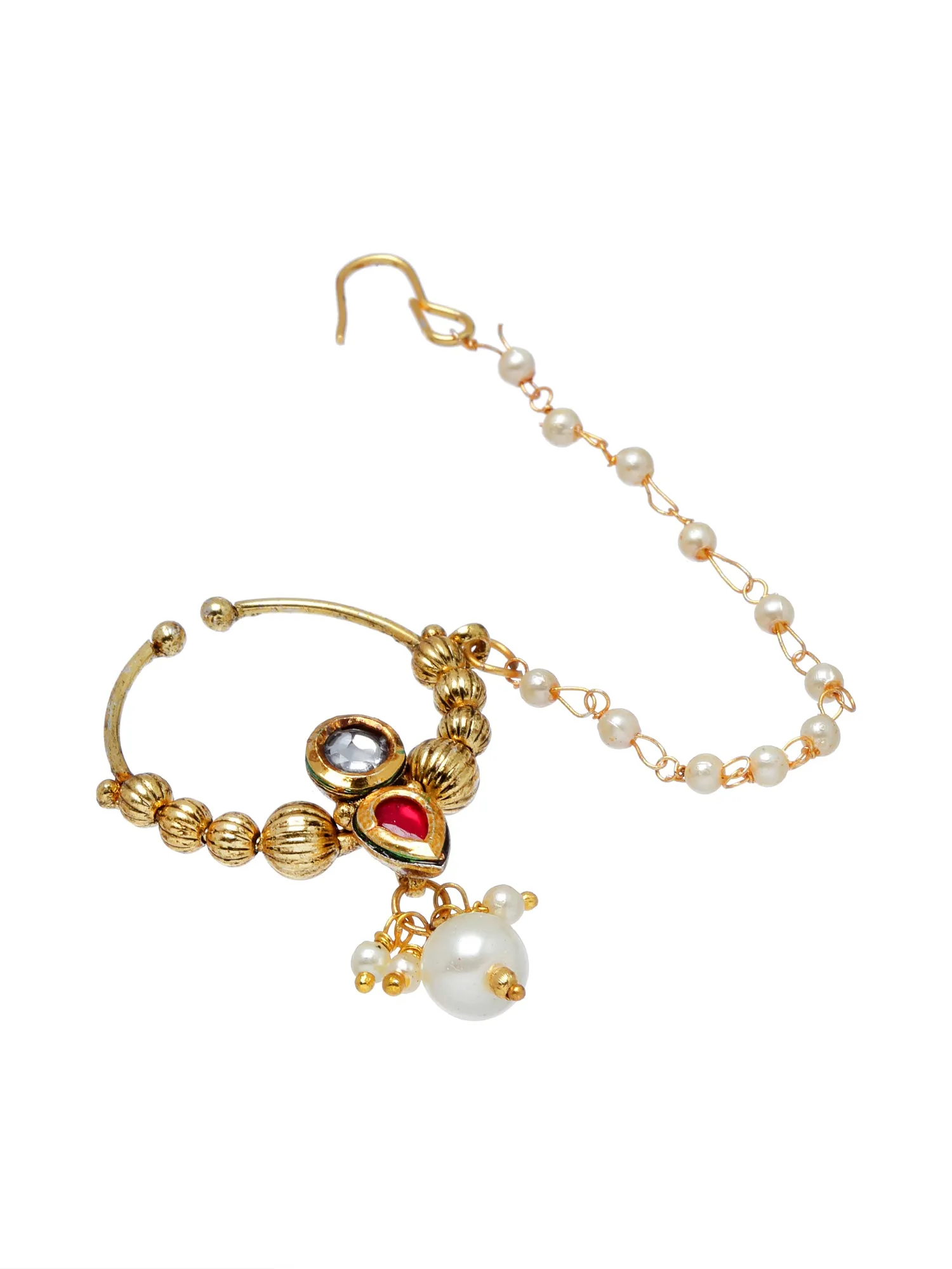 Red Drop Kundan Nosepin With Pearl Ball Chain