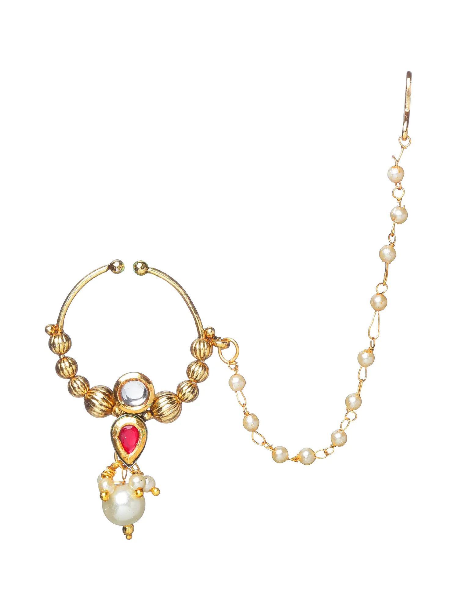 Red Drop Kundan Nosepin With Pearl Ball Chain