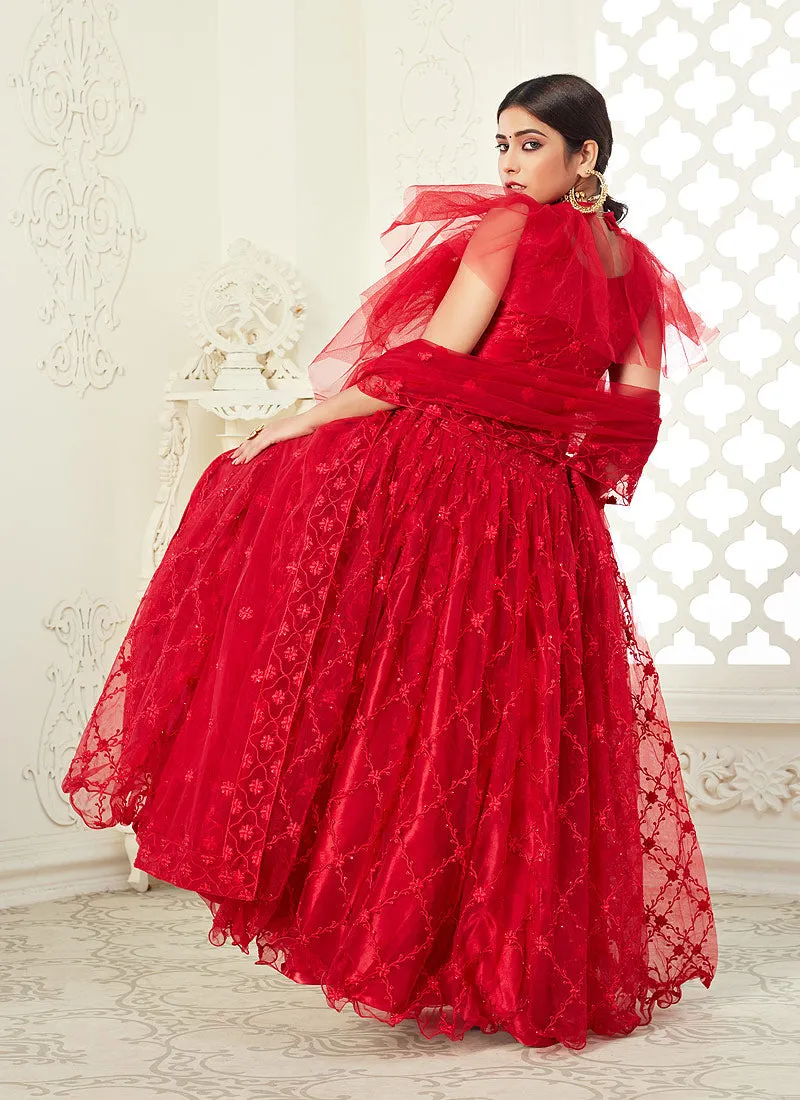 Red Embroidered Festival Lehenga Choli