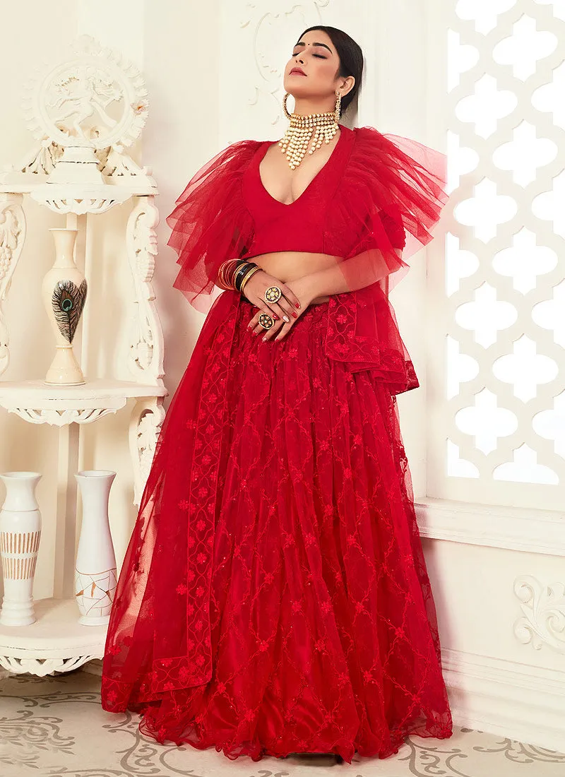 Red Embroidered Festival Lehenga Choli