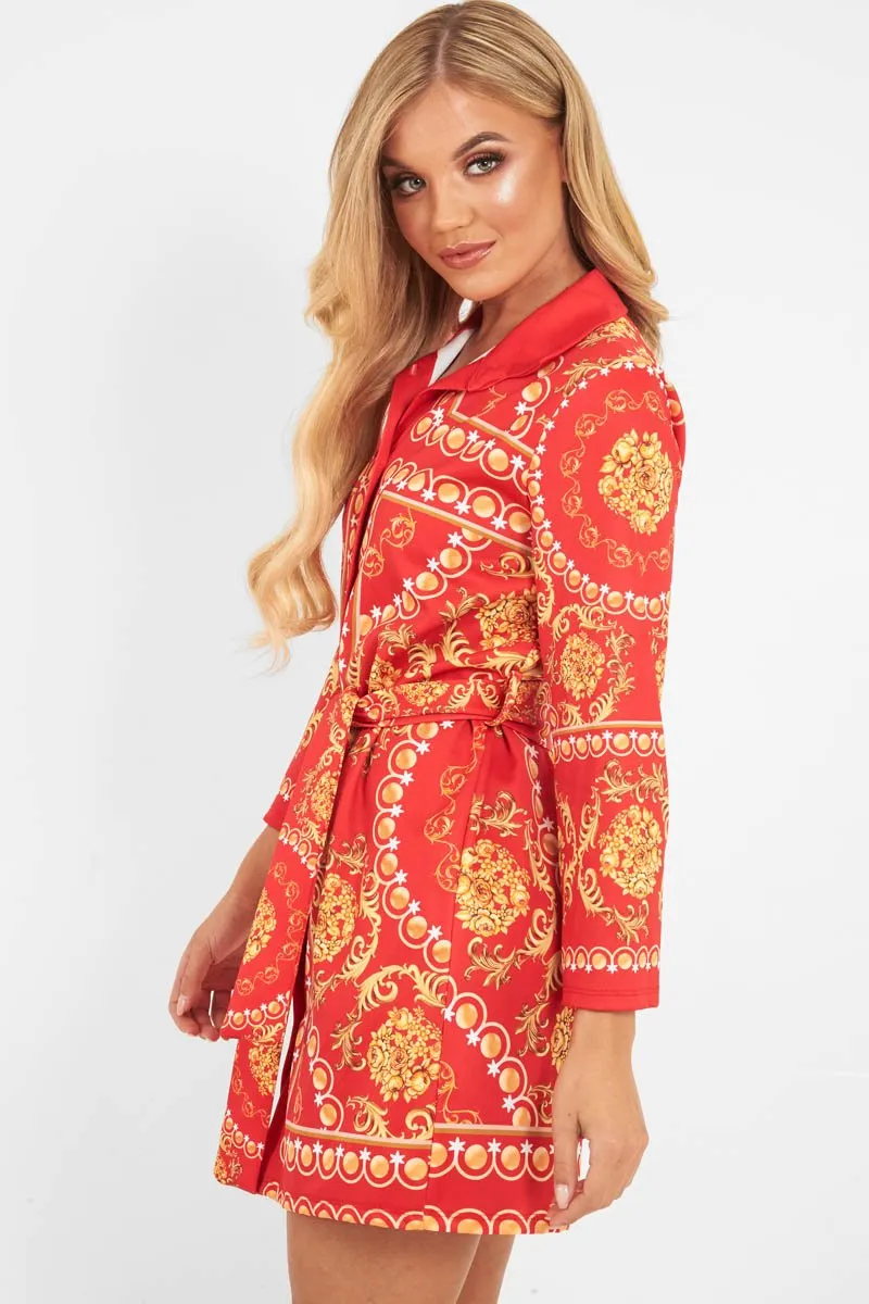 Red Gold Chain Print Belted Shirt Dress - Estie