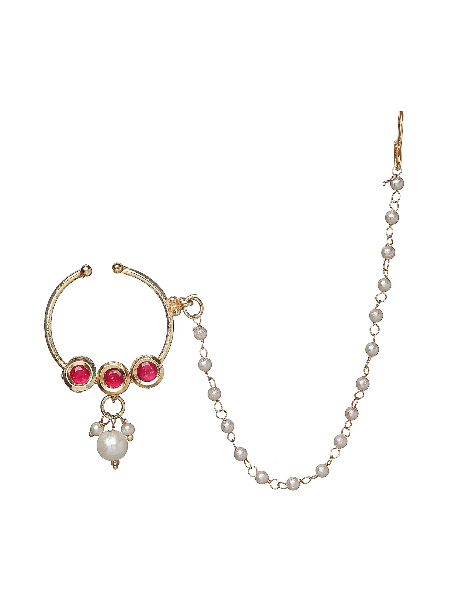 Red Kundan Nosepin With Pearl Ball Chain