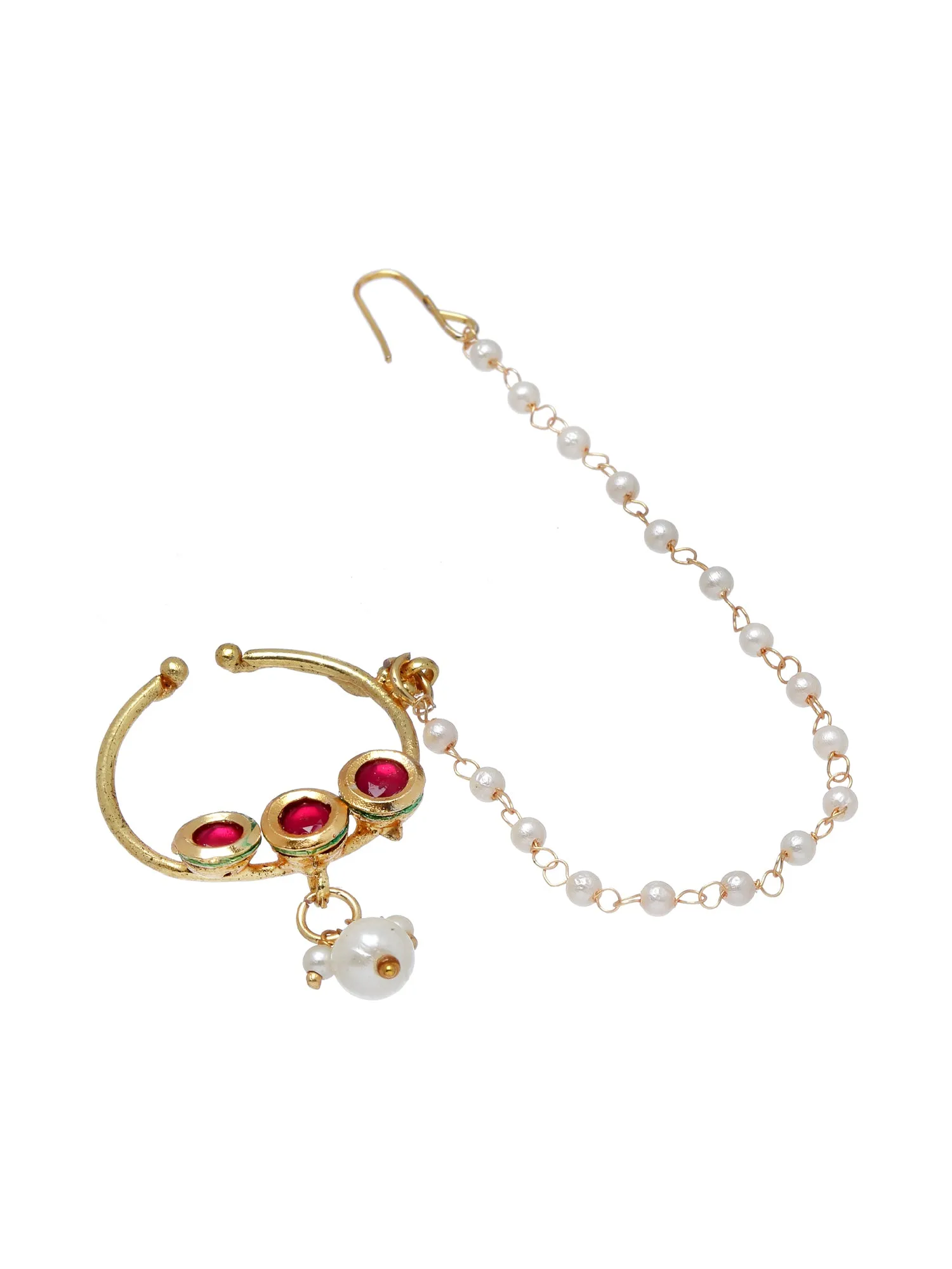 Red Kundan Nosepin With Pearl Ball Chain