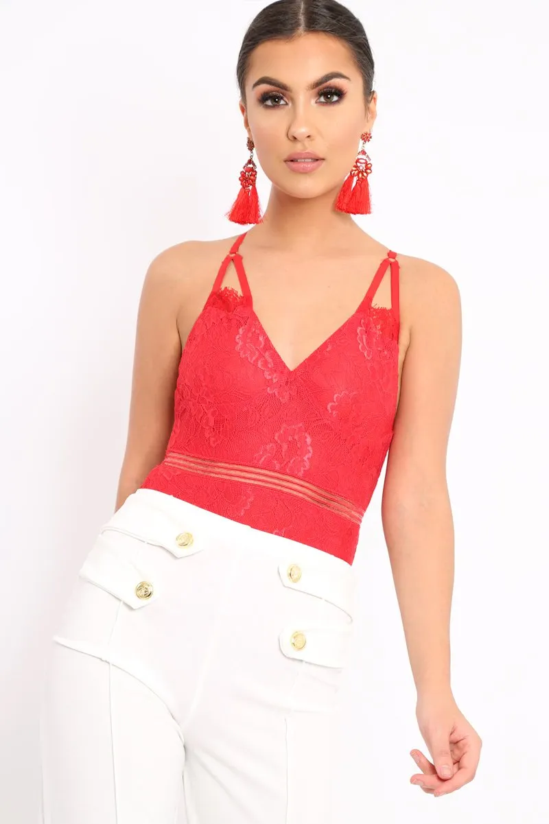 Red Lace Open Back Bodysuit - Naomie