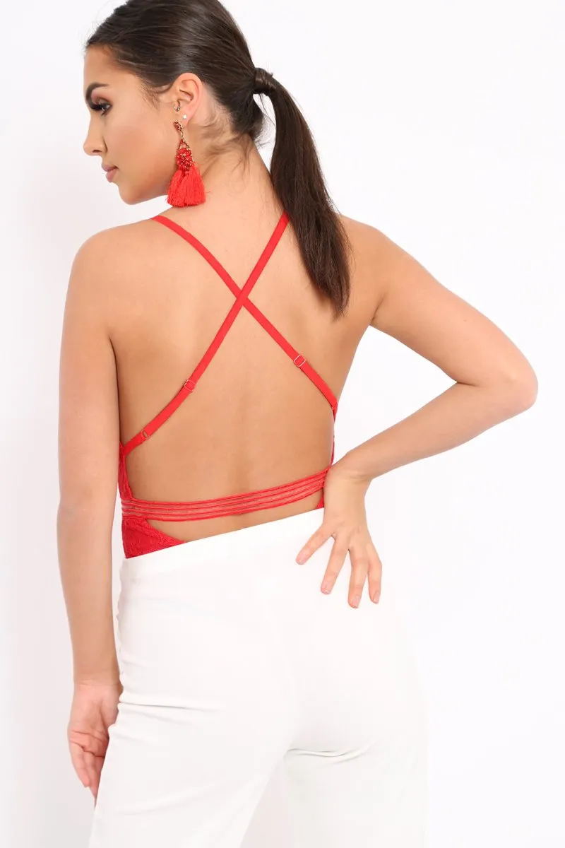 Red Lace Open Back Bodysuit - Naomie