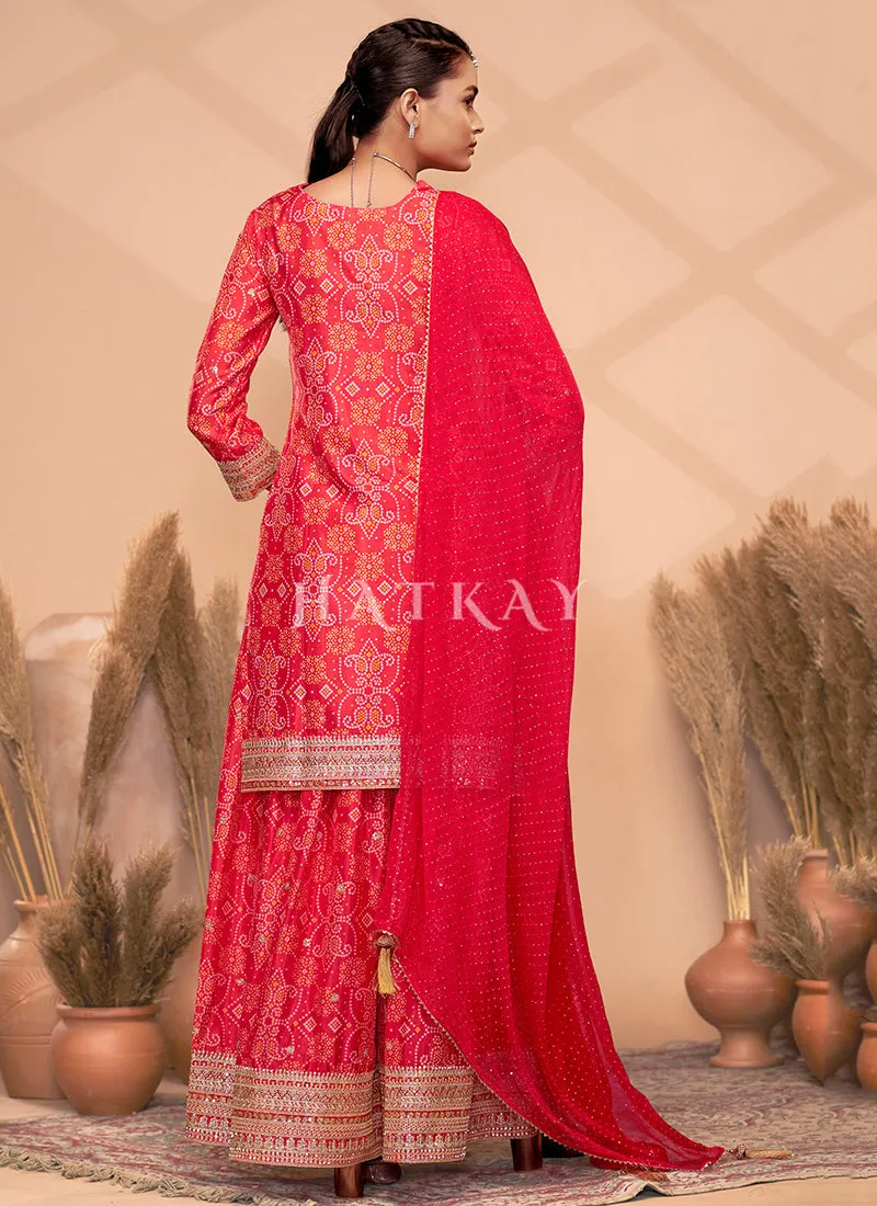 Red Mirror Embroidery Bandhani Printed Sharara Suit