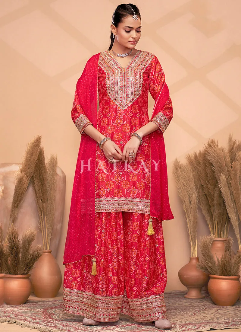 Red Mirror Embroidery Bandhani Printed Sharara Suit