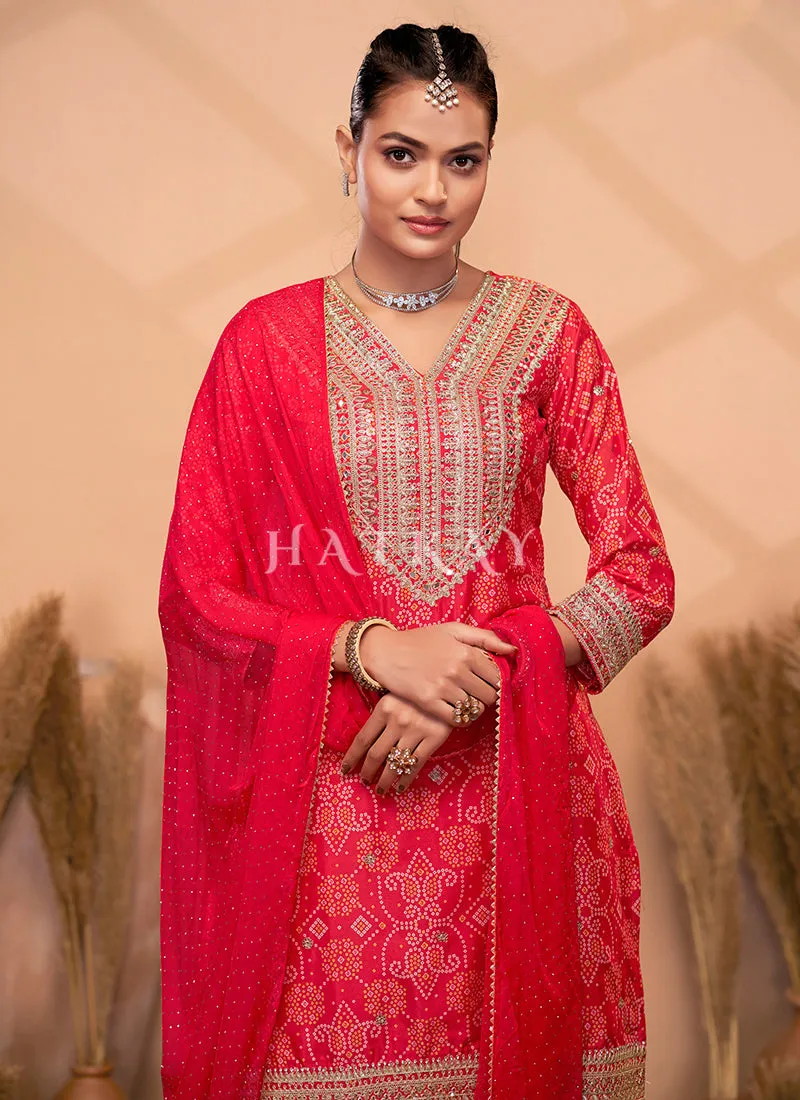 Red Mirror Embroidery Bandhani Printed Sharara Suit