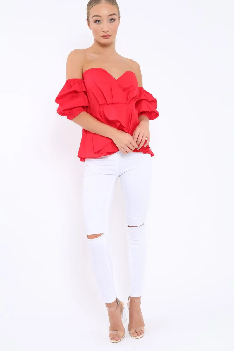 Red Sweet Heart Bardot Top with Ruched Sleeves - Kinza
