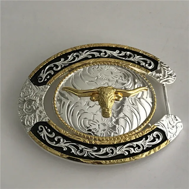 Retail 2017 New Good Quality Oval Lace Gold Bull Head Cowboy Belt Buckles With Metal Mans Jeans accessories Fit 4cm Wideth Belt