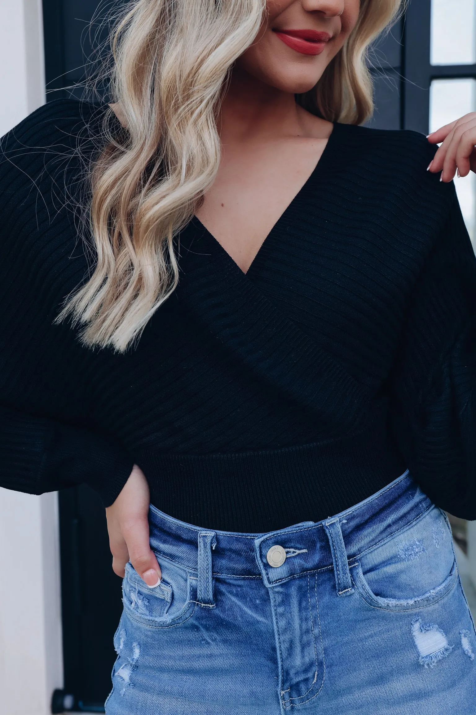 Riley Ribbed Knit Wrap Sweater - Black