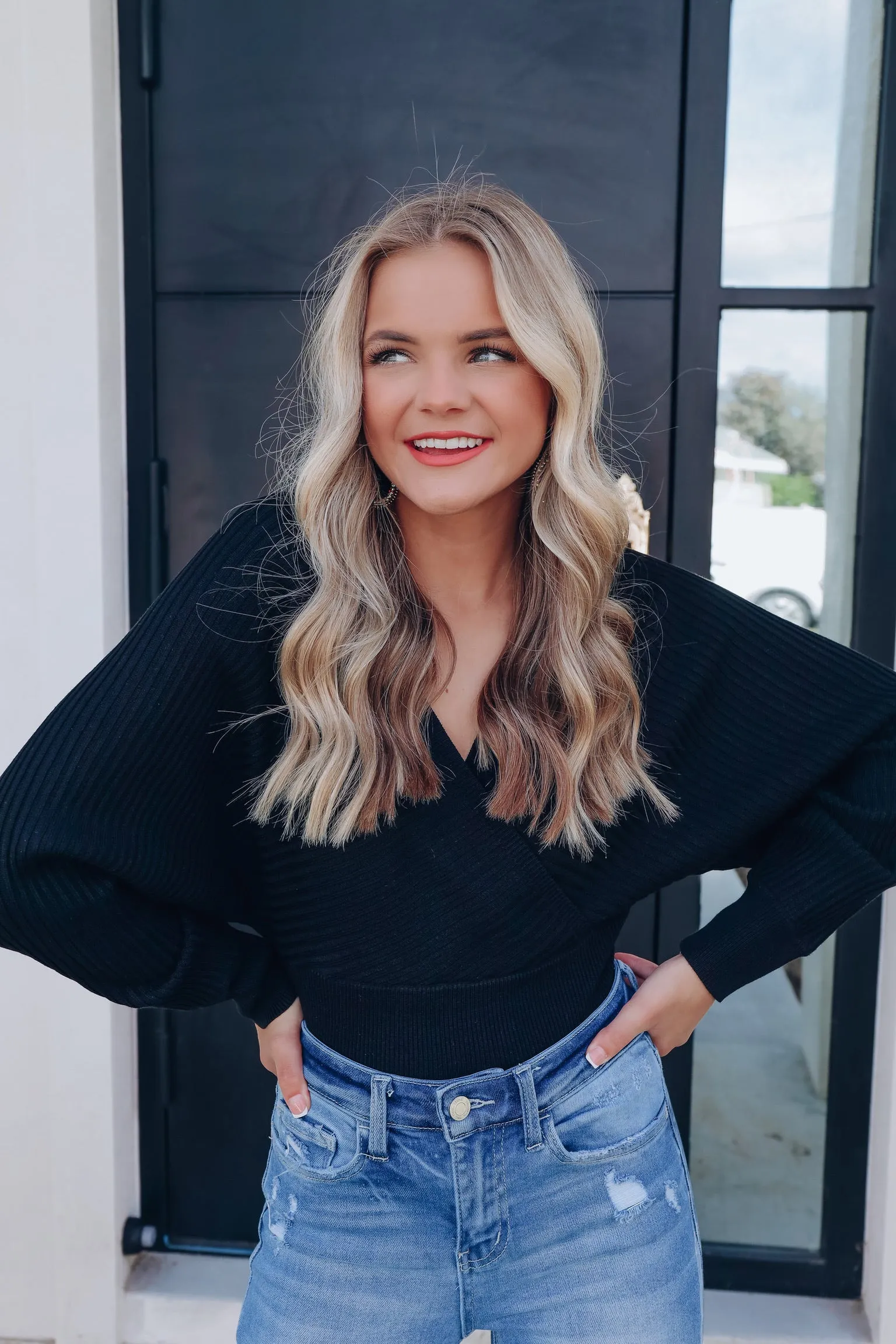 Riley Ribbed Knit Wrap Sweater - Black