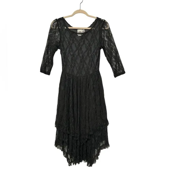 RODS Vintage Dark Gray Lace Midi Dress Medium Whimsy Goth Dark Romantic Western