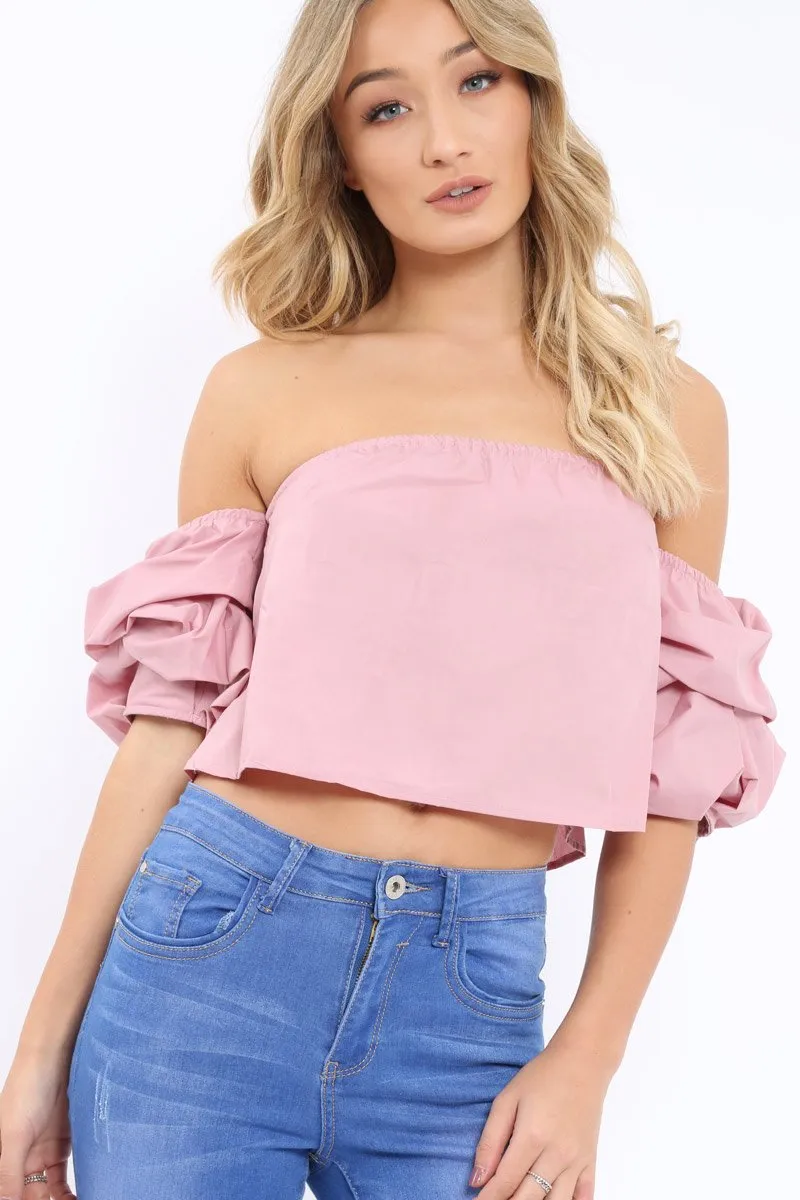 Rose Bardot Ruched Sleeve Crop Top - Corinne