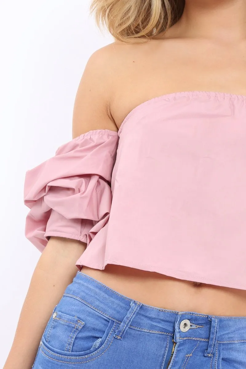 Rose Bardot Ruched Sleeve Crop Top - Corinne