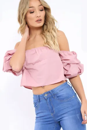 Rose Bardot Ruched Sleeve Crop Top - Corinne