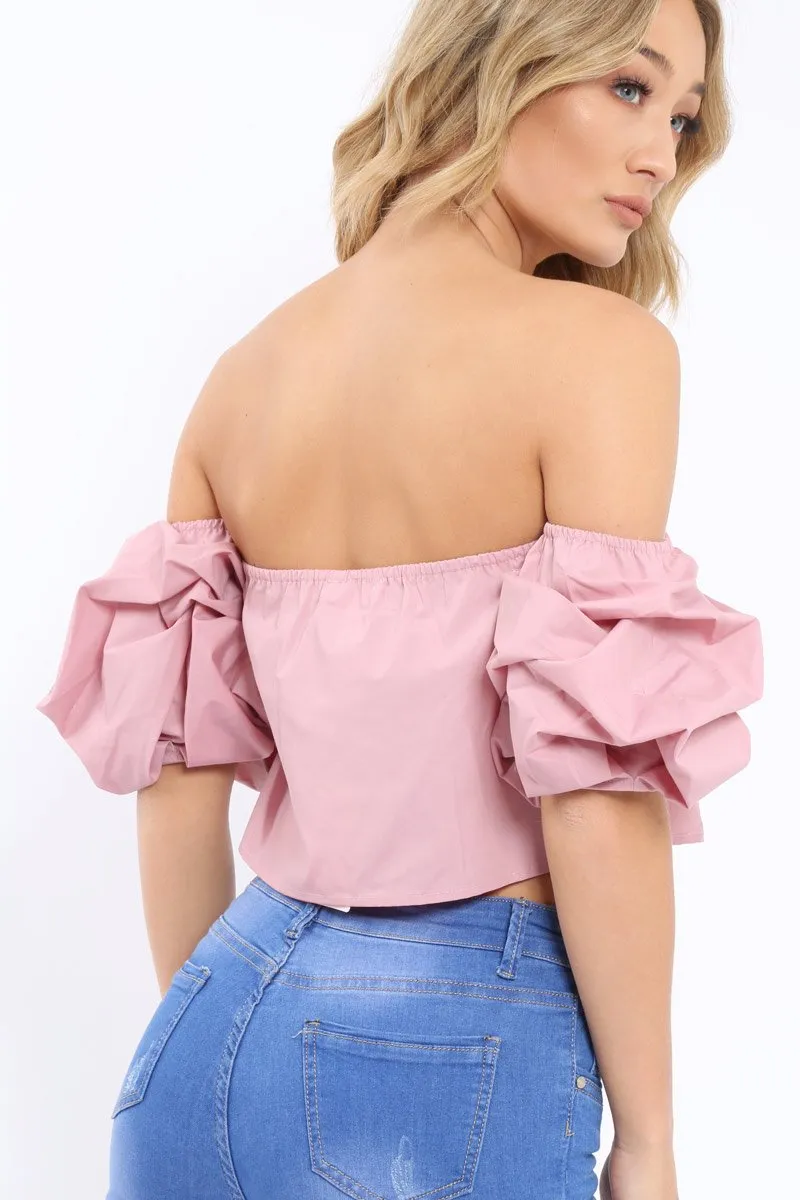 Rose Bardot Ruched Sleeve Crop Top - Corinne