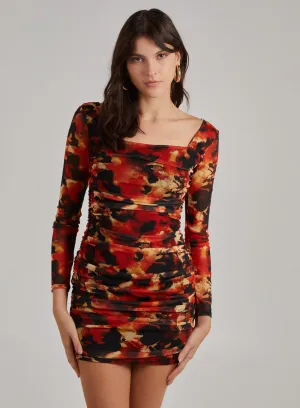 Ruched Smudge Print Long Sleeved Dress