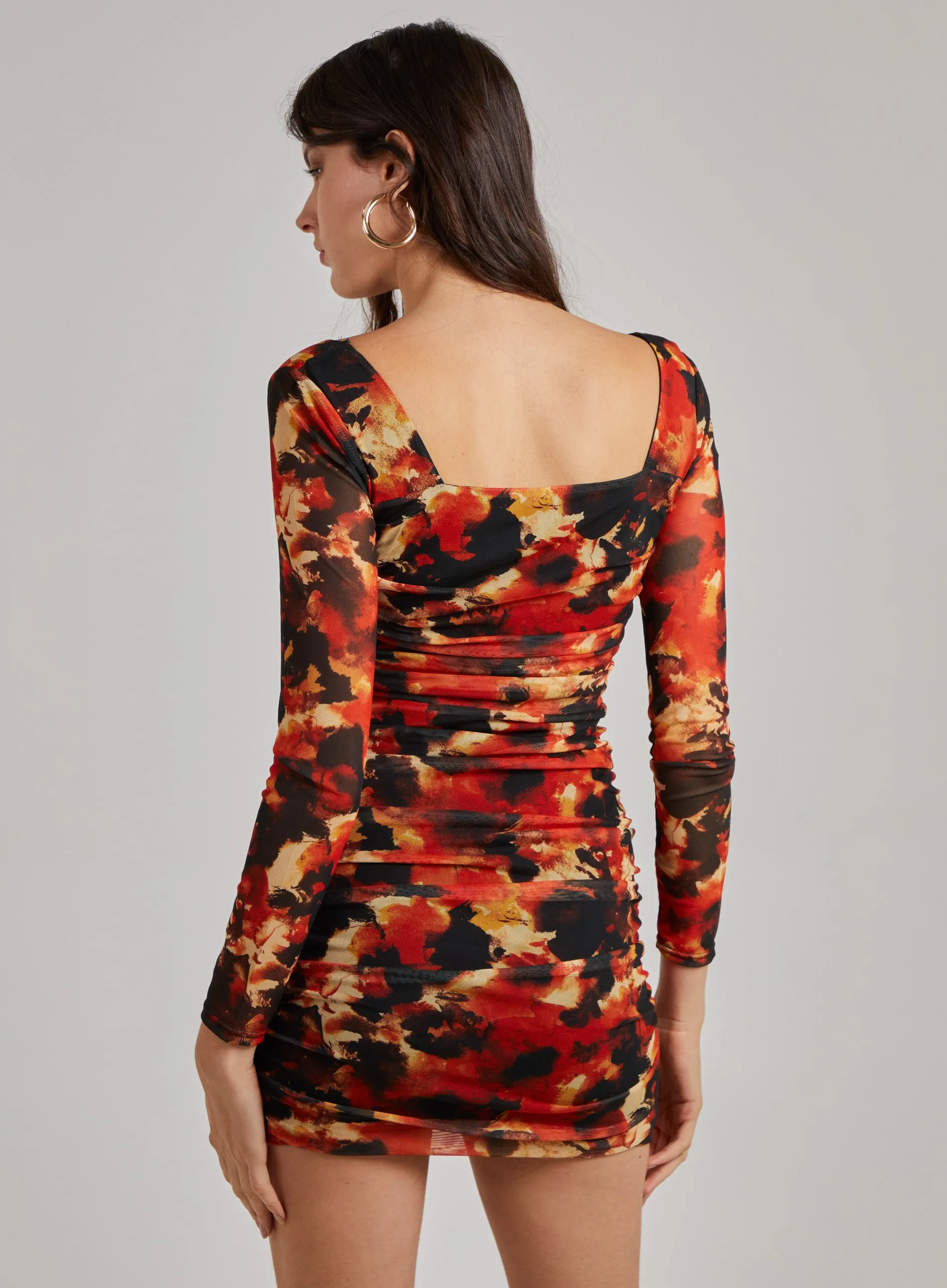 Ruched Smudge Print Long Sleeved Dress